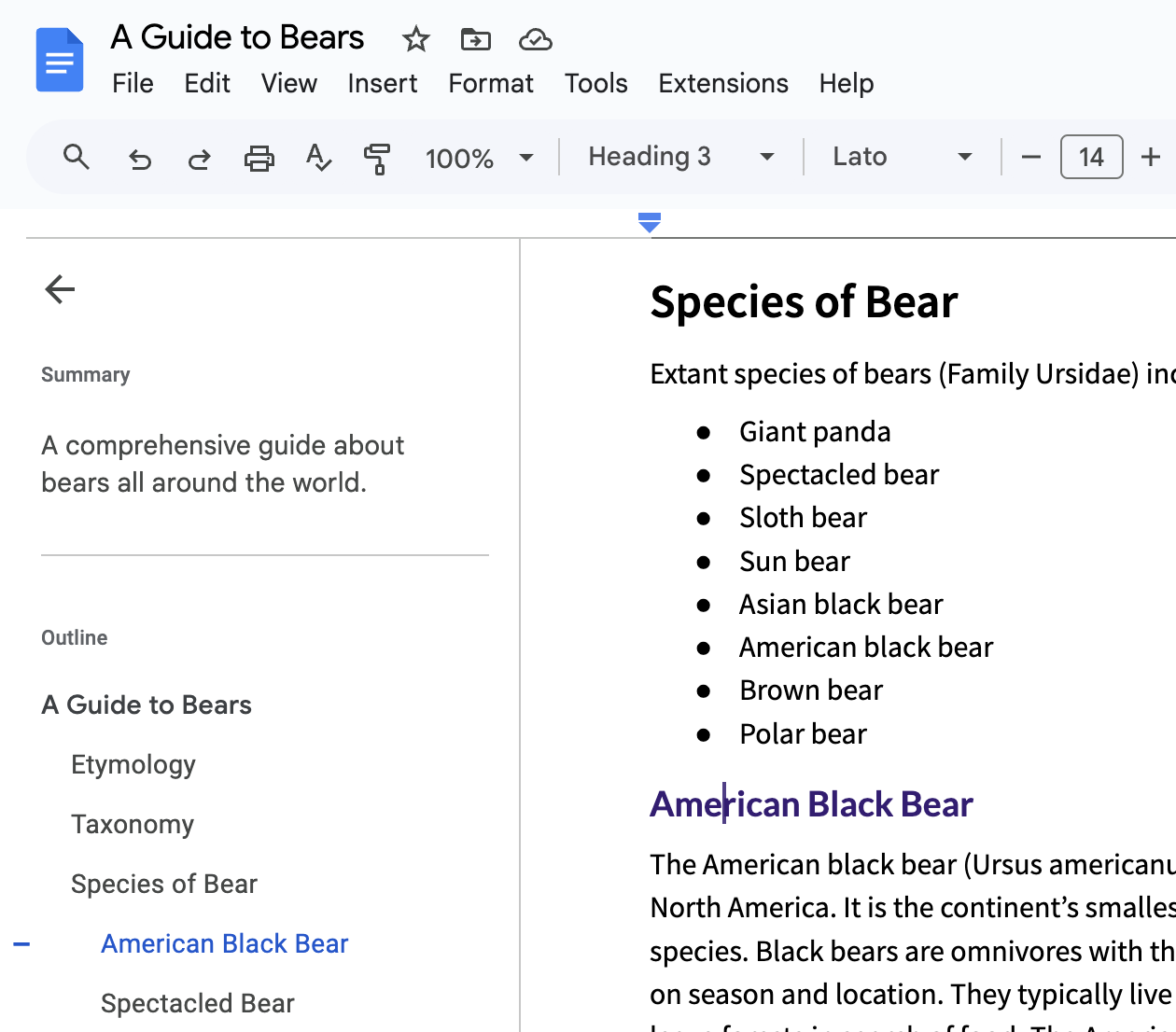 Screenshot of Google Doc's Document Outline sidebar.