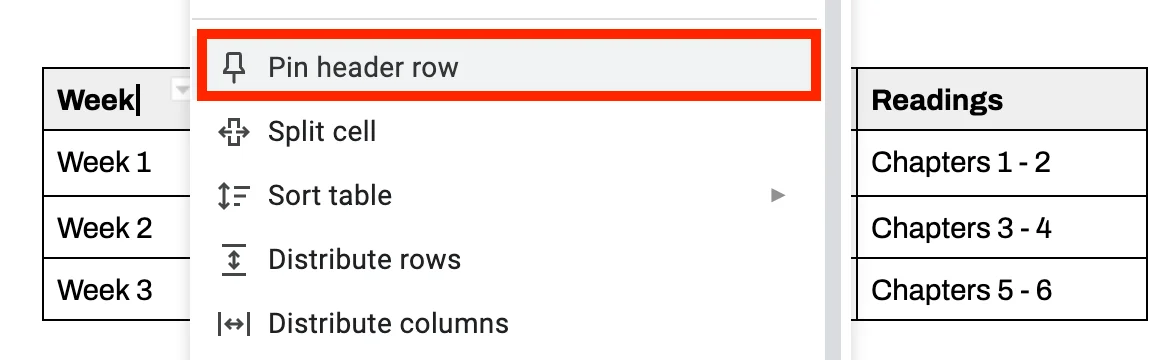 Screenshot of a table's utility menu within Google Docs, showing the Pin header row option.