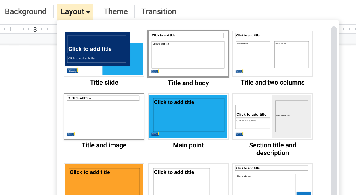 Screenshot of Layouts pane in Google Slides.