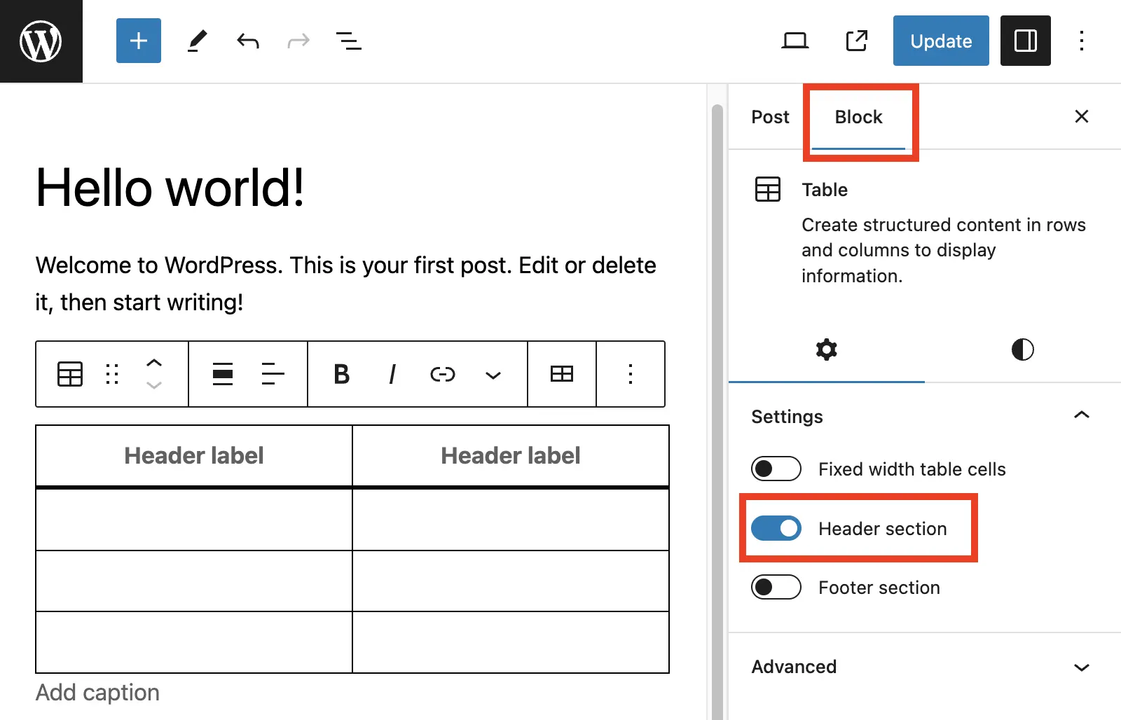 Screenshot of WordPress's table block editor within the sidebar.