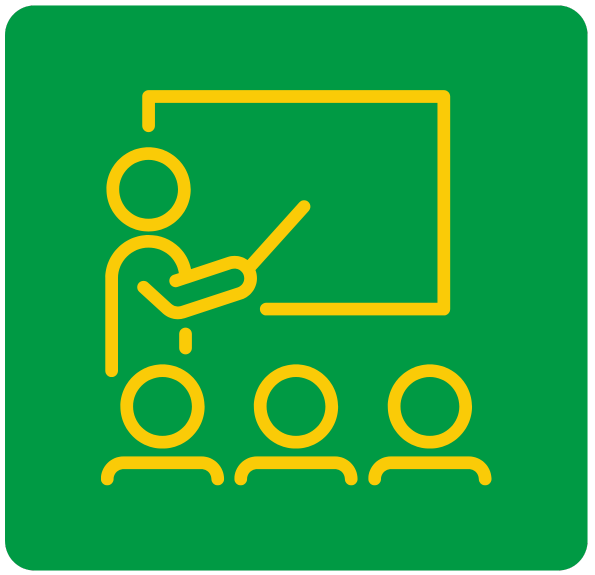 Logo with green square and yellow icon of teacher in front of a board and three students