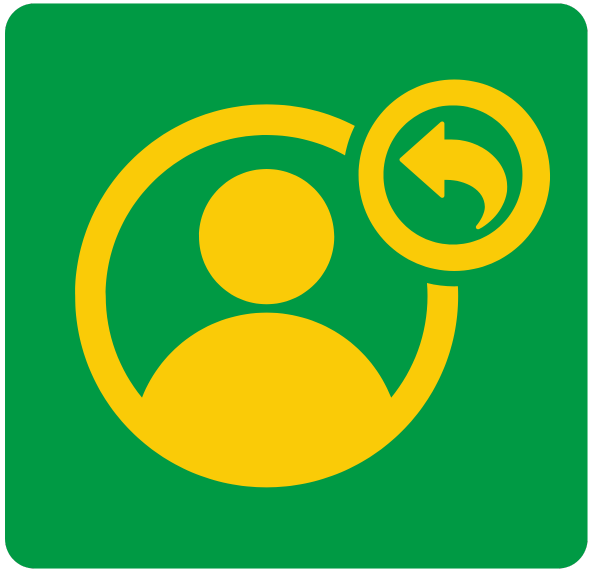 Logo with green square and yellow icon of a person and a return arrow