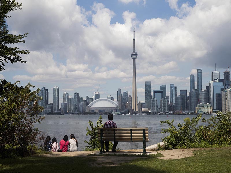 A man sitting on a bench looks at the skyline of downtown Toronto, including the CN Tower, against a blue sky with clouds.