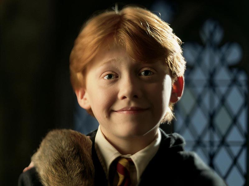 Young Ron Weasley smiles in his Gryffindor robes with his rat Scabbers resting on his left shoulder.