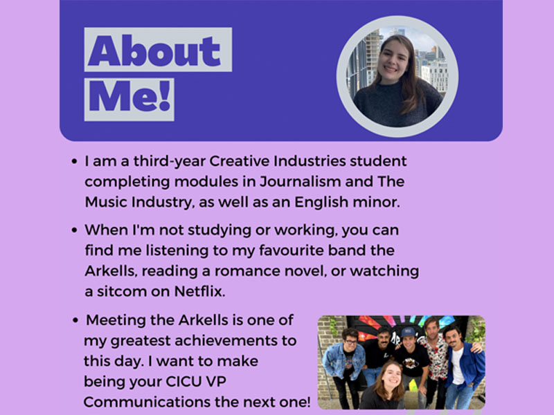 Jenna's "About Me" social media post. There is a photo of her in the top right corner and a picture of her and The Arkells in the bottom right corner. There are three bullet points describing her program, her hobbies and her experience meeting the Arkells