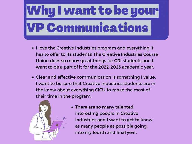 Jenna's social media post "Why I want to be your VP Communications" describing how she loves Creative Industries, how she believes in clear and effective communication, and how she wants to get to know more Creative Industries student.