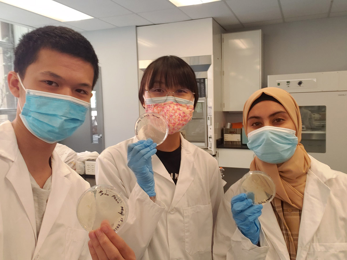 Saba and two of her ArtSci peers hold up petri dishes in a lab.