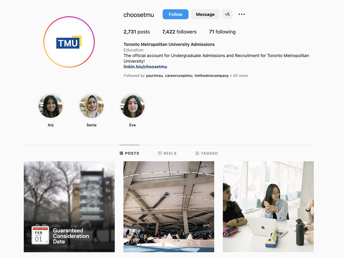 A screenshot of ChooseTMU's Instagram page, featuring feed photos and Instagram highlight covers.