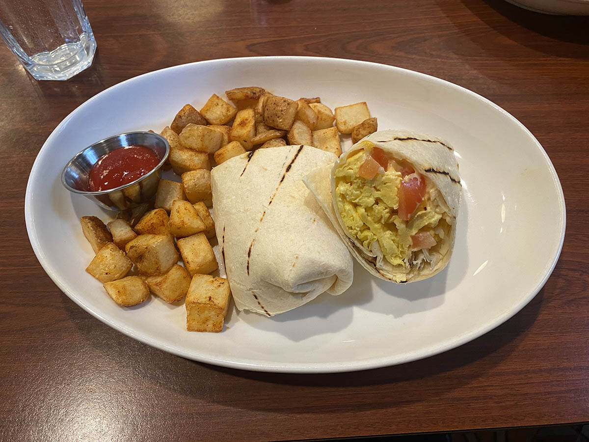 The breakfast wrap with a side of homefries at Oakham Café.