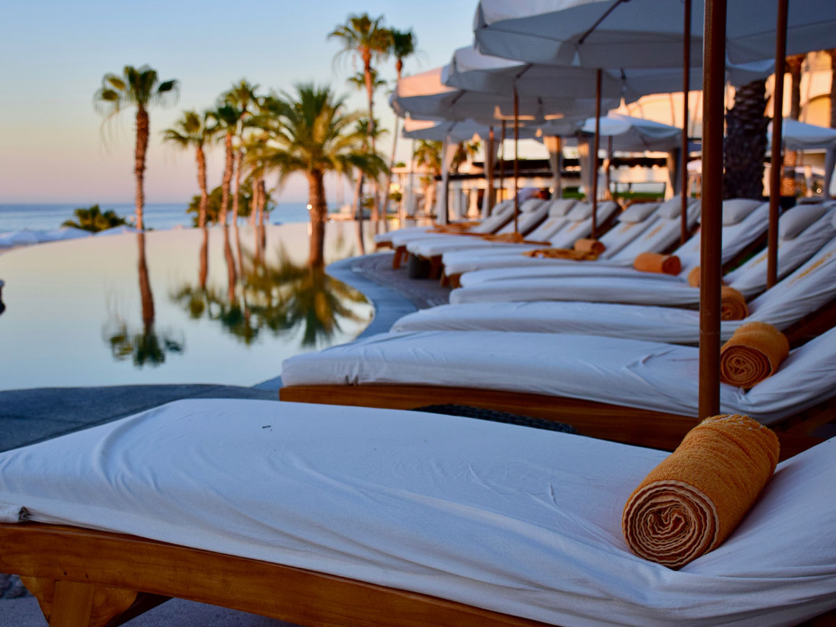 A row of beach loungers beside an infinity pool with palm trees nearby.