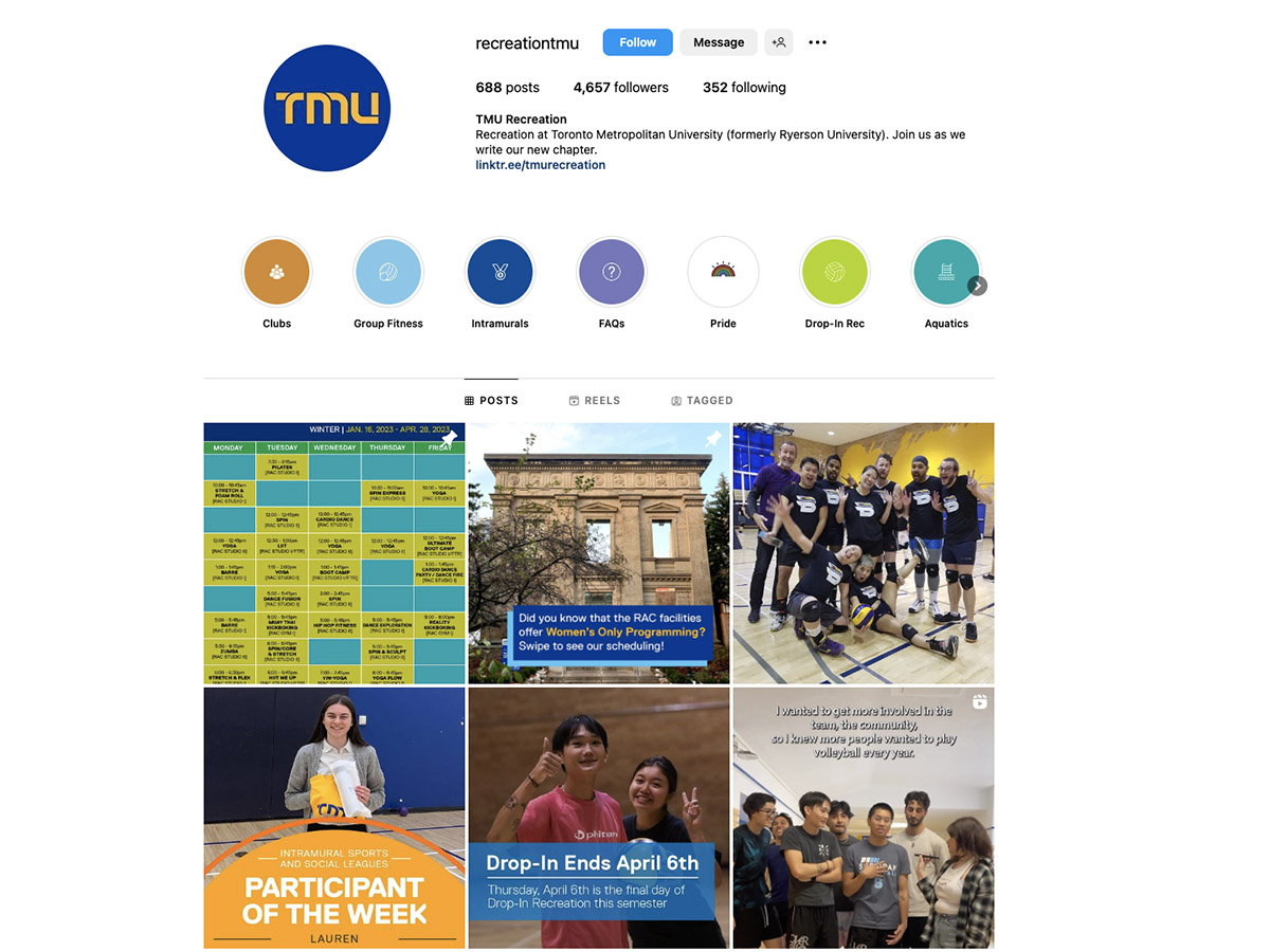 A screenshot of TMU Recreation's Instagram page.