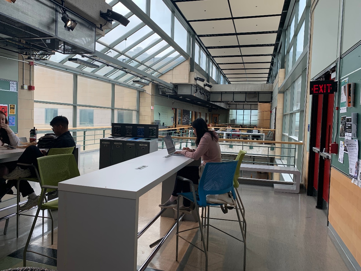 Students are surrounded with bright open windows as they are sitting at tables on their laptops. 