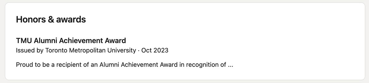Linkedin screenshot of the Honors & awards section