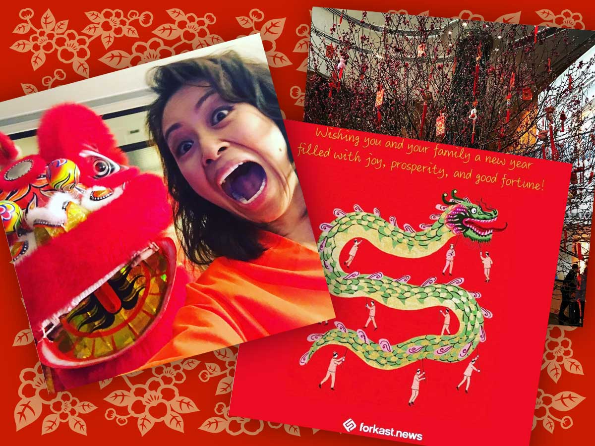 Angie Lau poses with a Chinese dragon puppet, a holiday message from Forkast.news features a drawing of a dragon and Lunar New Year decorations hang from a tree in a lobby entrance. Credit: Angie Lau