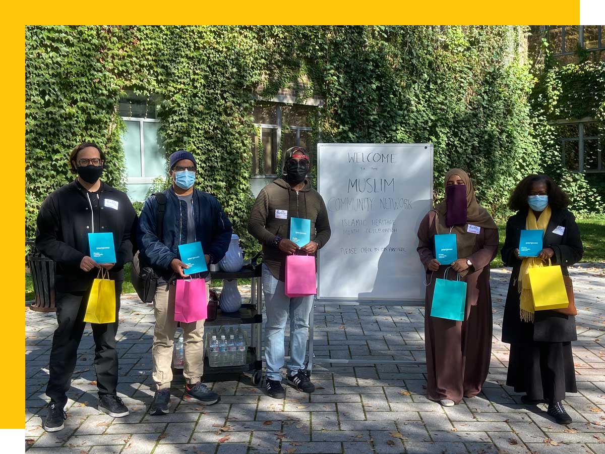 A group of Muslim staff and faculty met in Toronto Metropolitan University's quad to celebrate Islamic Heritage Month in October 2021. From left: Farhan Zia (co-chair), Salman Rana (member), Imran Ali (co-chair), Sakeena Mihar (founding co-chair), Sarah B