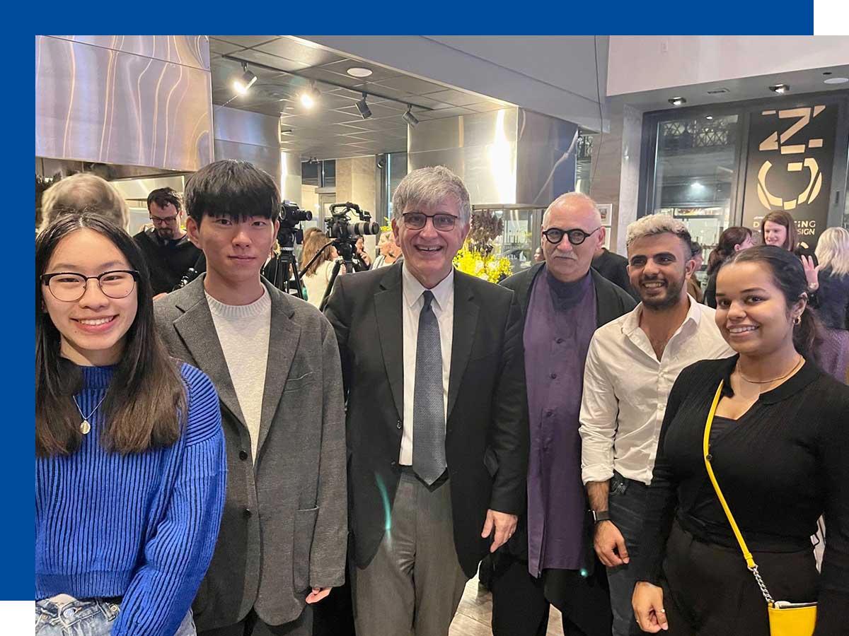 Dean Charles Falzon and Program Chair Colin Ripley, flanked by inaugural JennAir Scholars Michelle Xu, Jihyuk Kim, Nader Al-Fahad and Quianna Woolner.