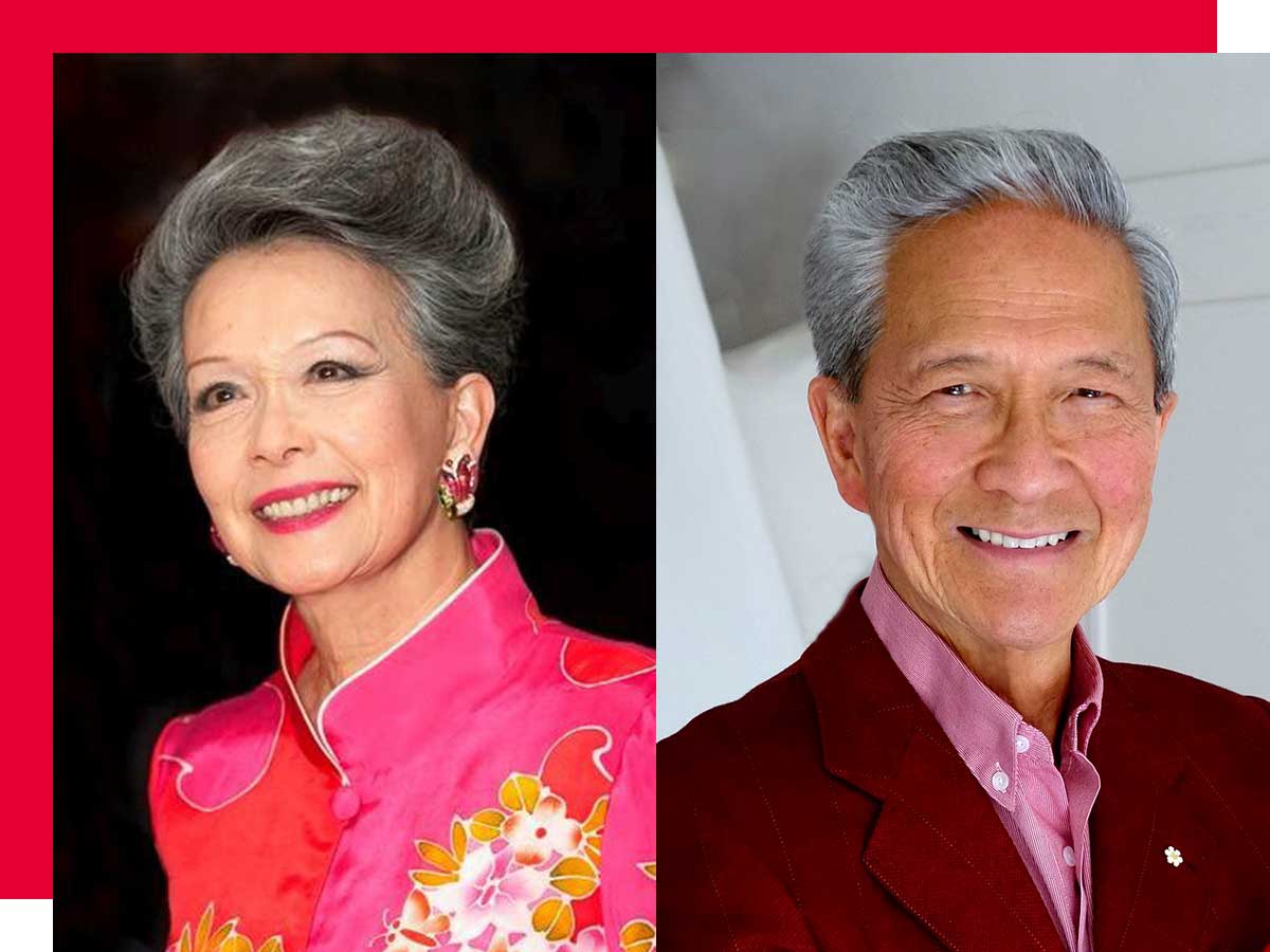 Headshot of The Honourable Dr. Vivienne Poy in traditional floral jacket and headshot of smiling Dr. Neville Poy in burgundy jacket.