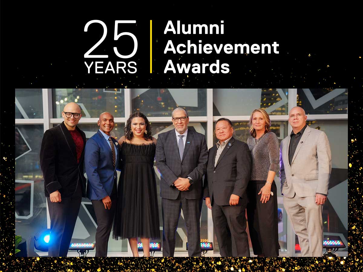 TMU President Mohamed Lachemi (centre) with 2023 Alumni Achievement Award recipients (from left): HAUI, Al Ramsay, Dani Gomez-Ortega, Rodney Yip, Jules Arita Koostachin and Gordon Gill. Noura Sakkijha not pictured. 