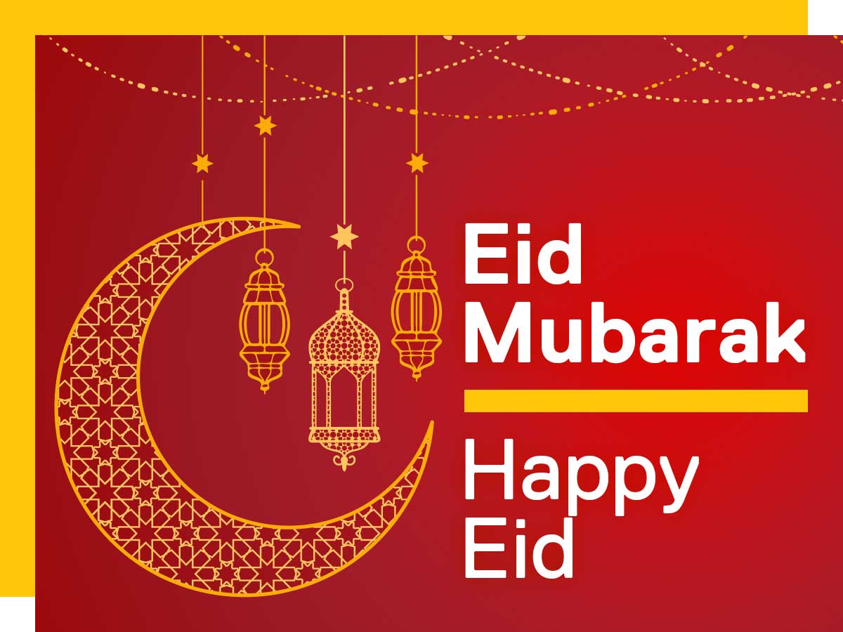 Illustration of crescent moon and lanterns against red background; words Eid Mubarak/Happy Eid