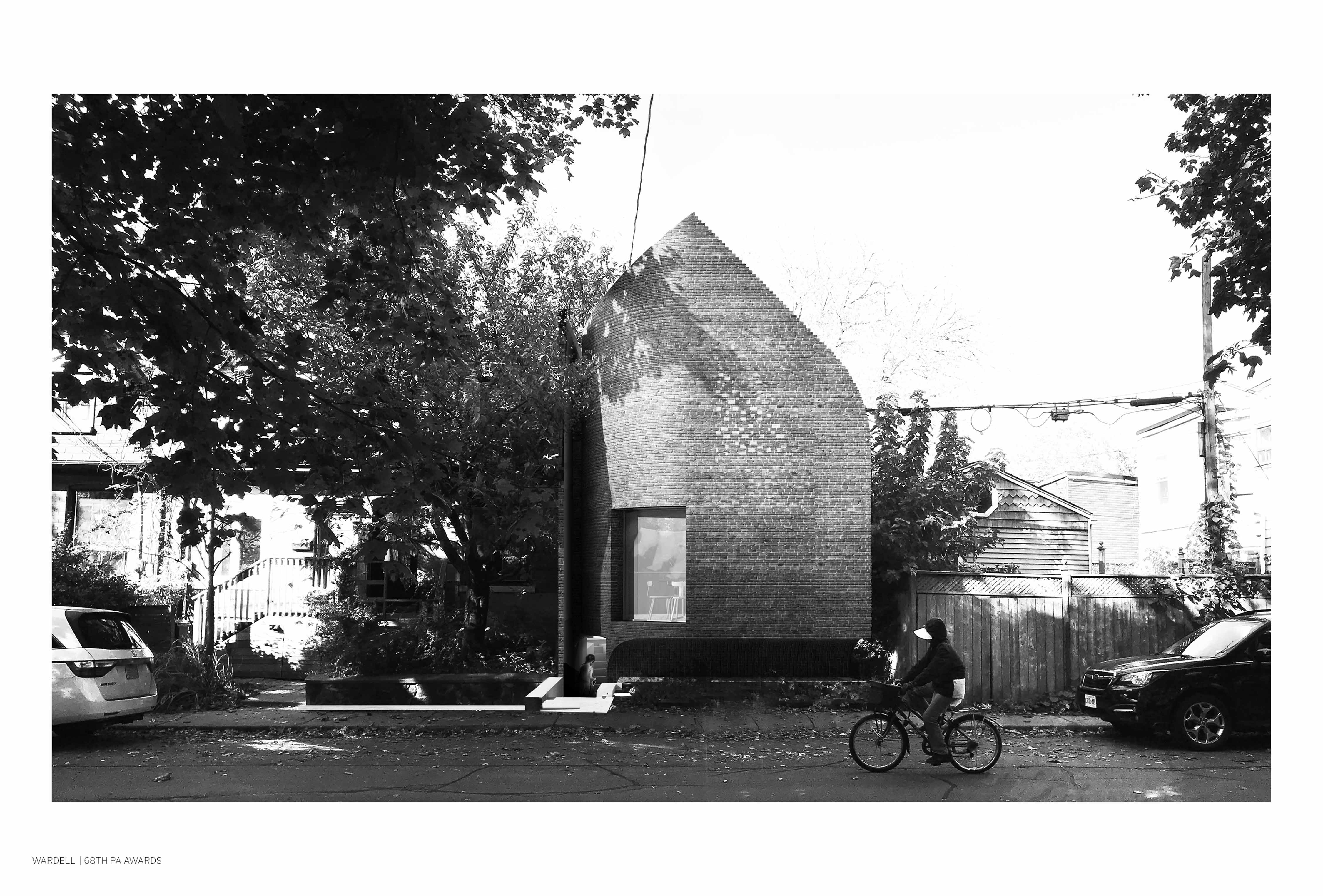 Black and white shot of a curved roof brick-home on a street, with a biker riding by. Part of the 68th PA Awards. Courtesy of Ja Architecture Studio.