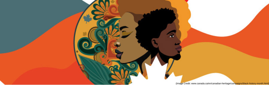 A bright illustration of two Black faces surrounded by flowers, colours and a maple leaf.