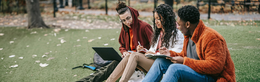 Three students sitting in the grass on an autumn day and working on a project together.