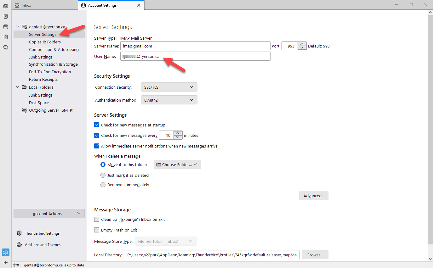 Thunderbird Server Settings