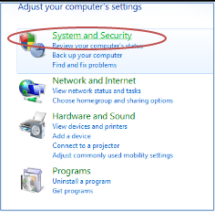 Control Panel window. System and Security is highlighted