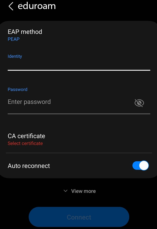 Eduroam network configuration page