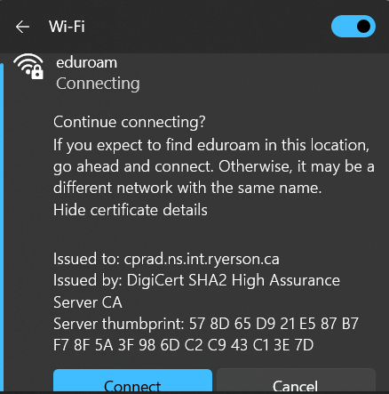 eduroam connection certificate details