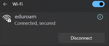 Windows 11 Wi-Fi settings with eduroam network appearing as connected