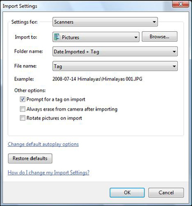 Import Settings window