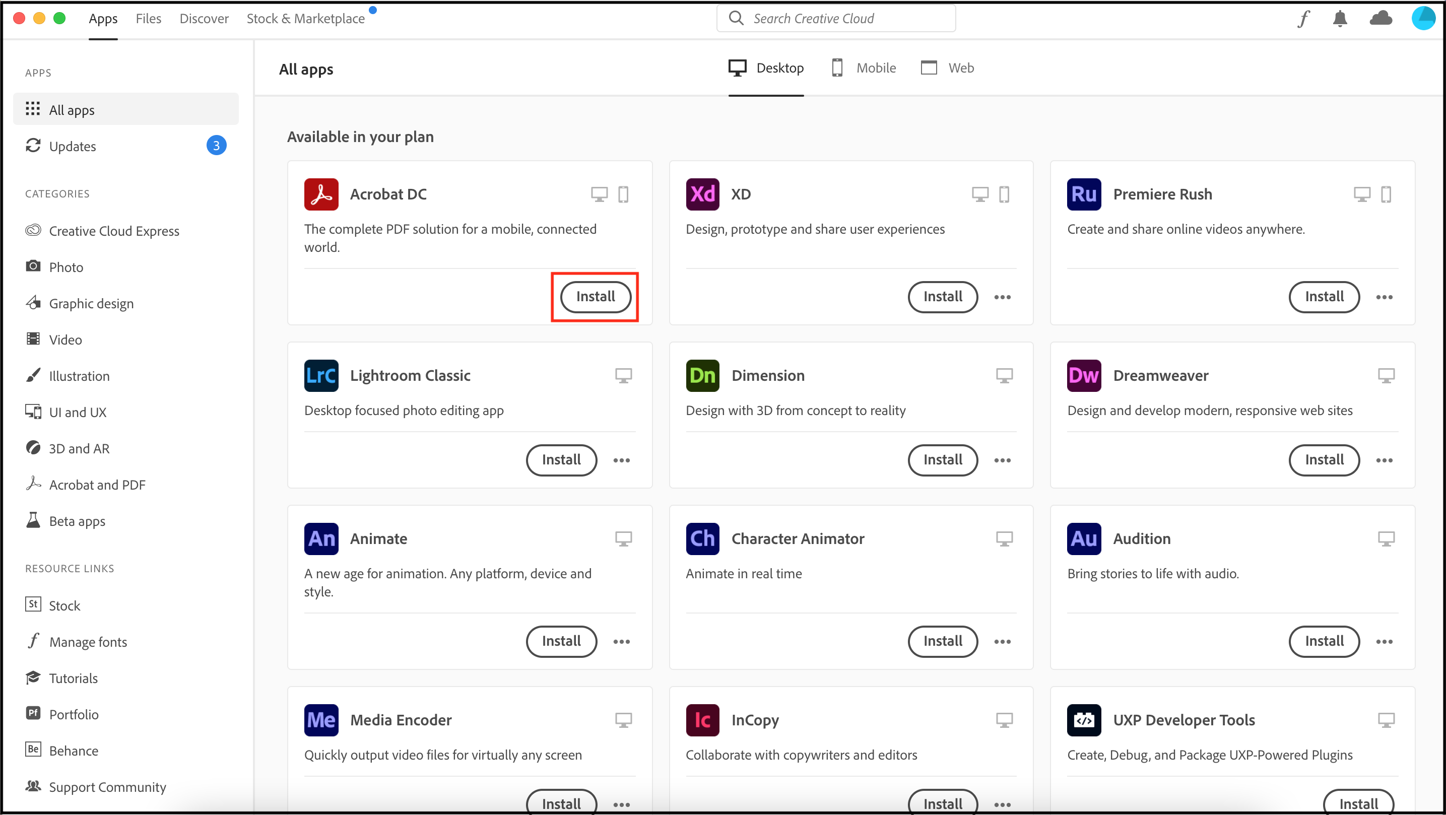 The Creative Cloud desktop application displays the "All apps" tab, with "Available in your plan" shown below. A red box highlights the "Install" button for Adobe Acrobat DC.