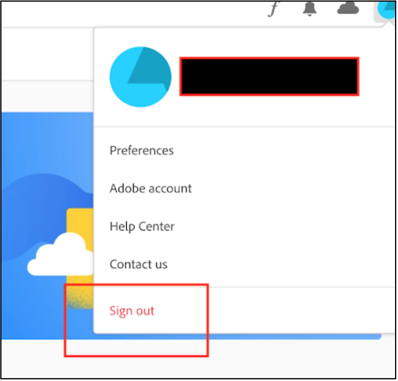 The Adobe Creative Cloud homepage shows a blue profile circle on the top-right corner, that when clicked, gives the user an option to sign out from the Adobe account. 