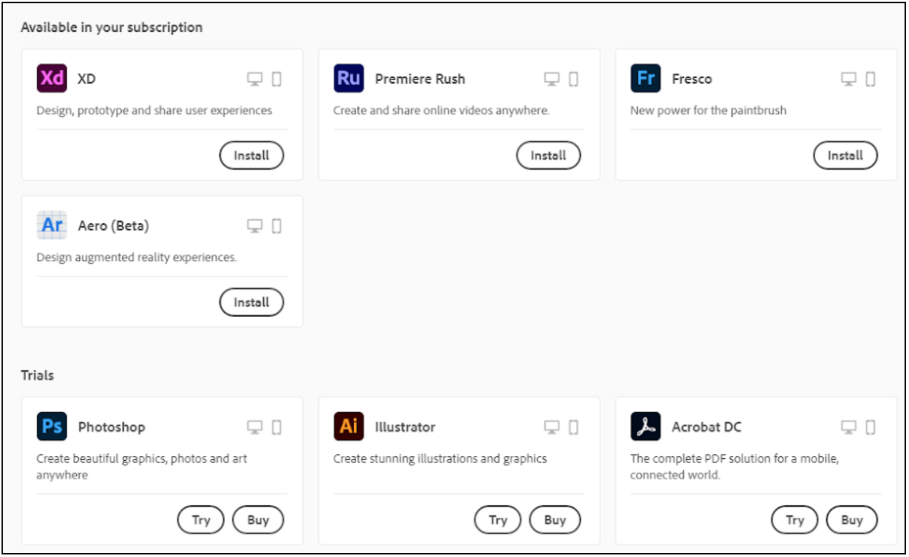 The screen highlights the Adobe applications available in the user's subscription. The install button is listed below every app. A list of free Adobe app trials are also mentioned at the bottom of the screen. 