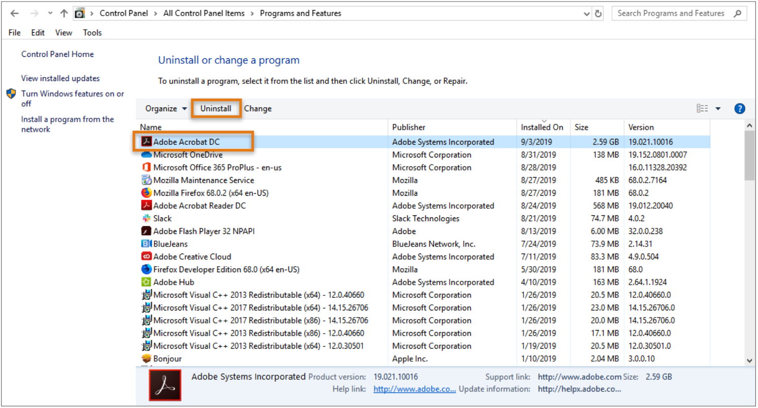 A Windows Control Panel is shown with orange highlighted box around "Uninstall," and "Adobe Acrobat DC."