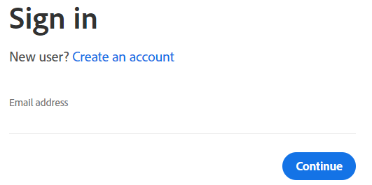 The Adobe 'sign in' screen displays the email address field and a blue 'continue' button.  