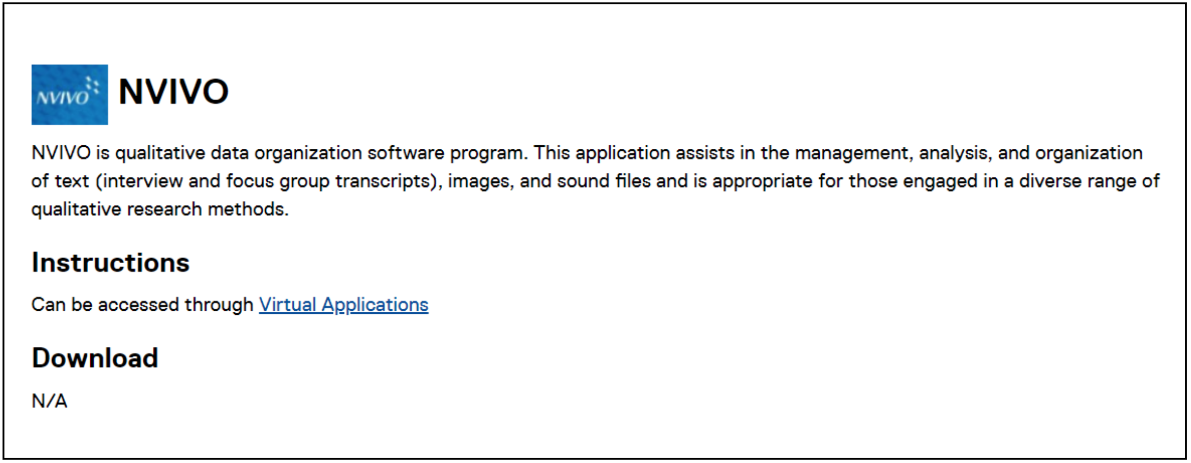 The webpage displays the NVivo instructions for TMU students. The instructions are accessed through Virtual Applications link highlighted in blue.