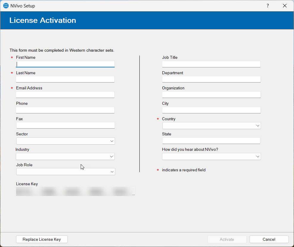 The screen displays the license activation and asks for information from the user, such as their name, email, phone, etc. 