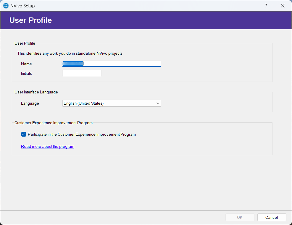 Nvivo user profile setup screen