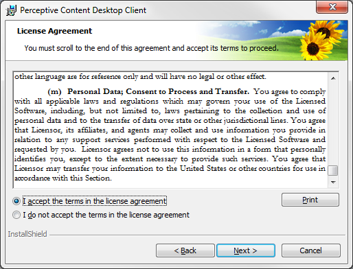 License agreement screen