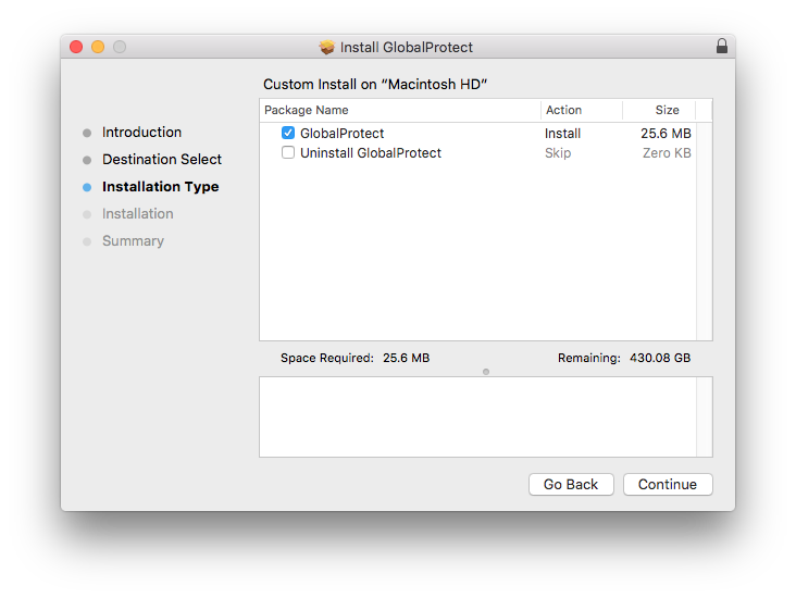Custom Install screen, select GlobalProtect and select Continue 