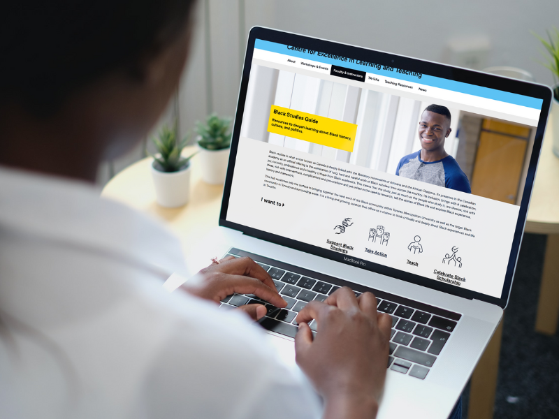 A person looking at a laptop screen that is displaying the Black Studies Guide