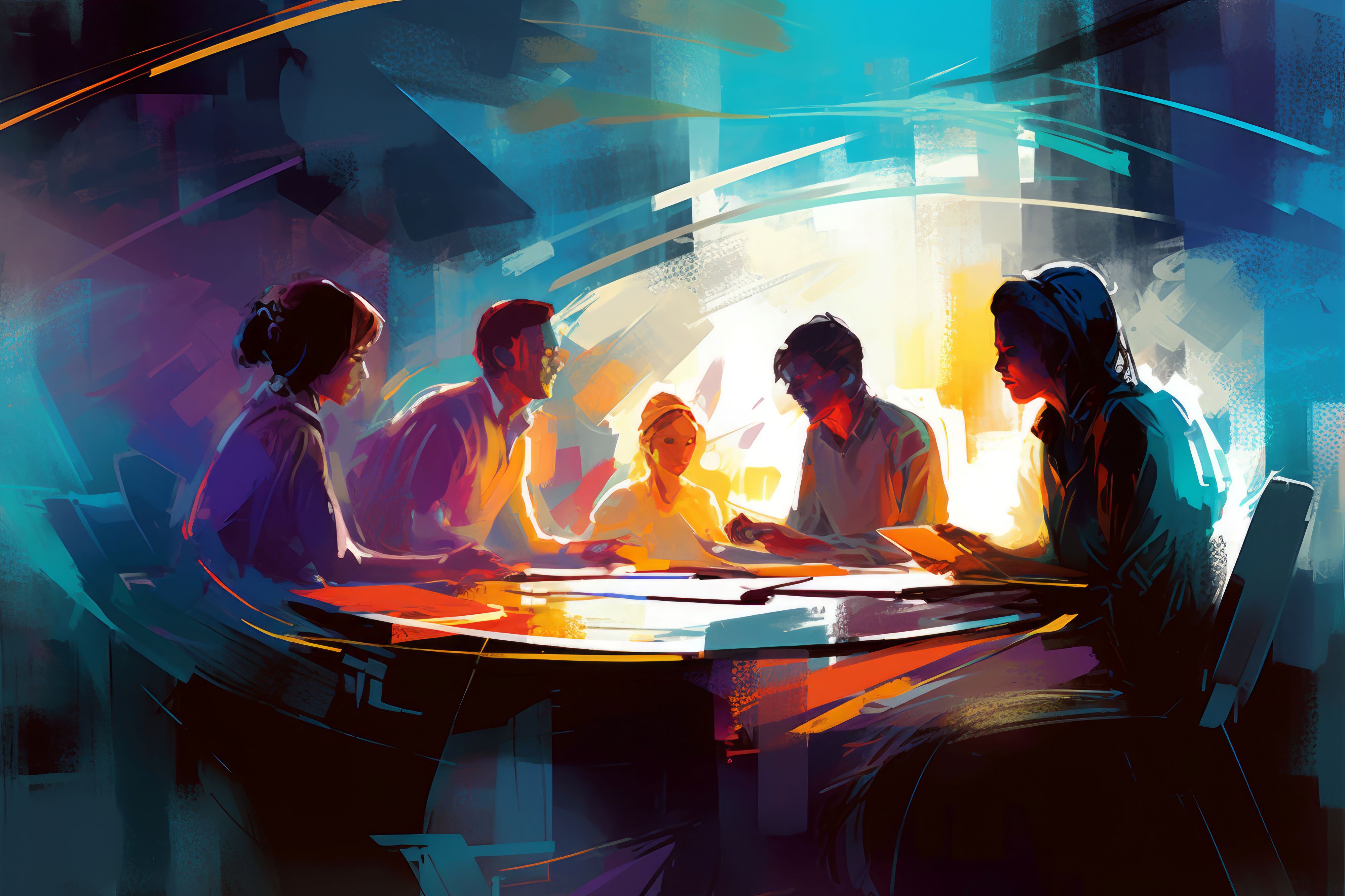 artistic, colourful rendition of people around a table