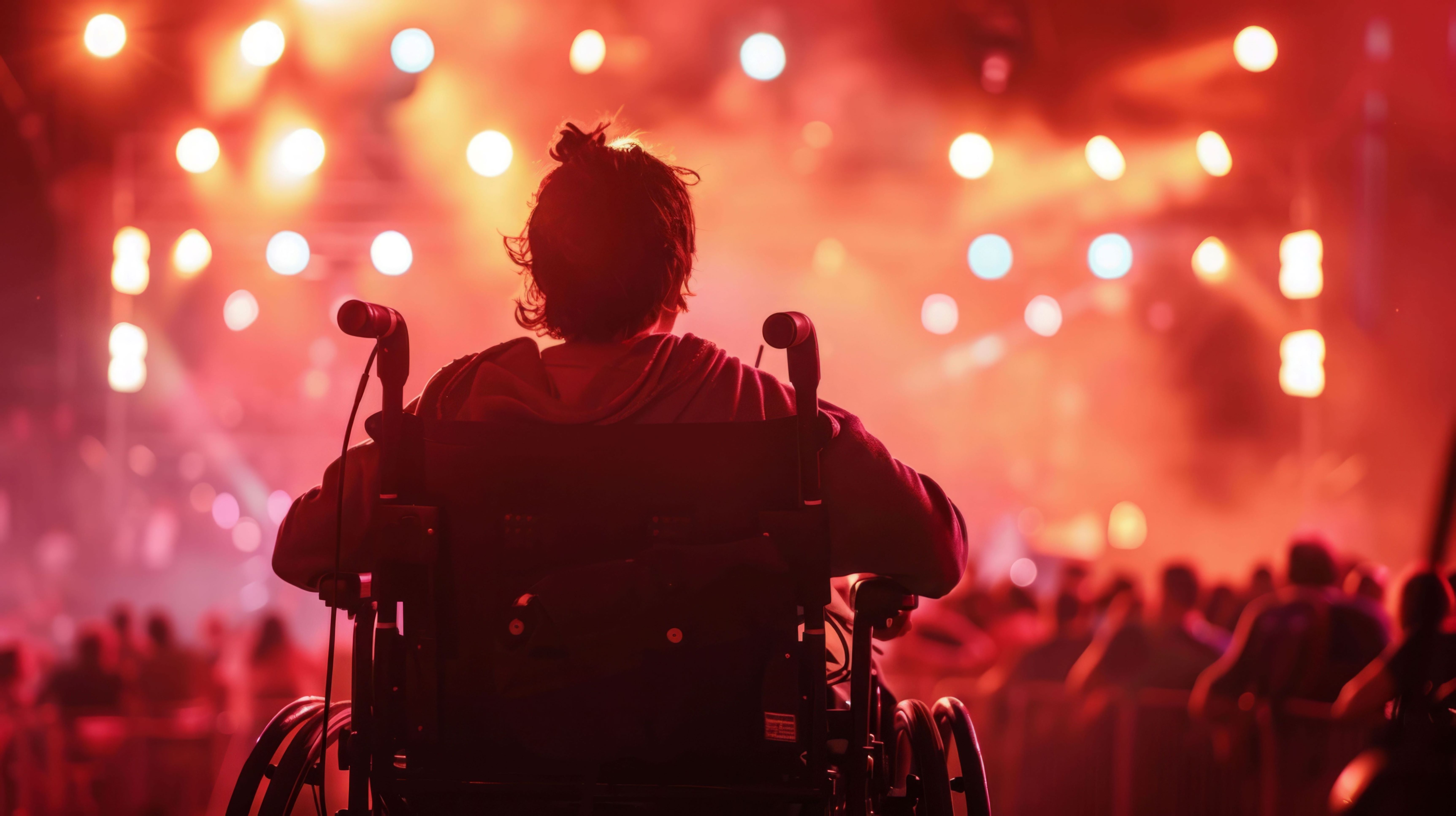  The image shows a person in a wheelchair facing a brightly lit stage at a concert. The background features an audience with colorful, vibrant lighting creating an energetic atmosphere. The person is positioned centrally, highlighting the inclusive environment of the event.