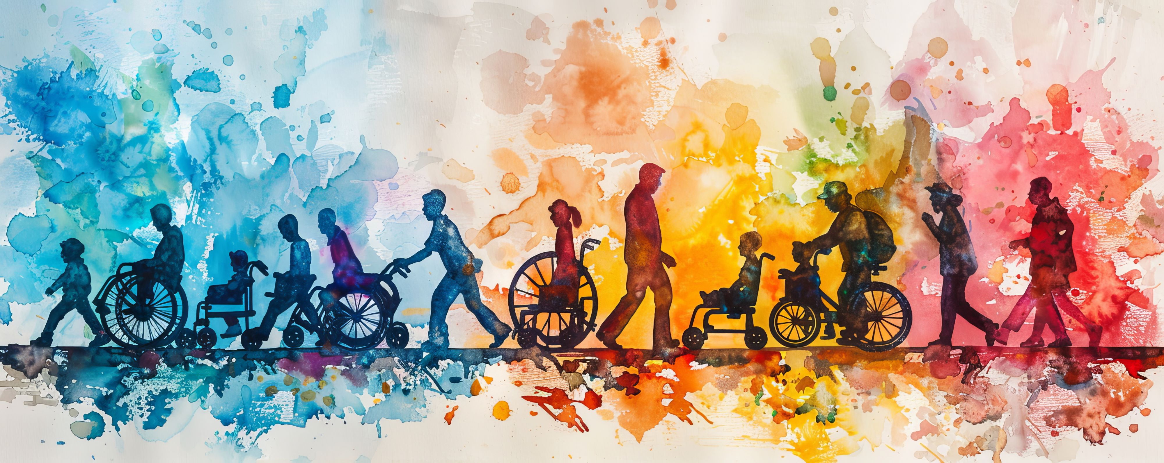 Silhouettes of diverse individuals with disabilities in a colorful watercolor style, depicting people in wheelchairs and with mobility aids on a splattered paint background.