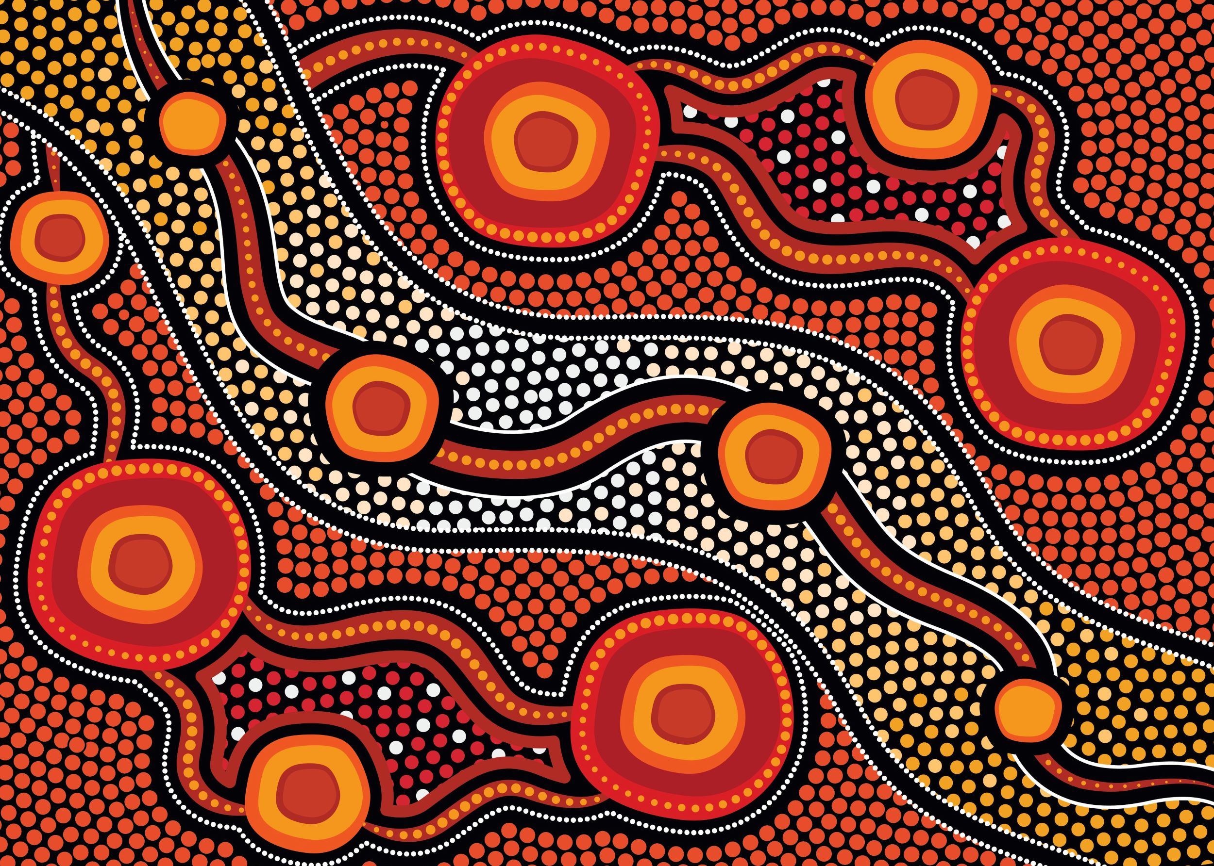 Traditional Australian Aboriginal artwork depicting river with circles and dots.