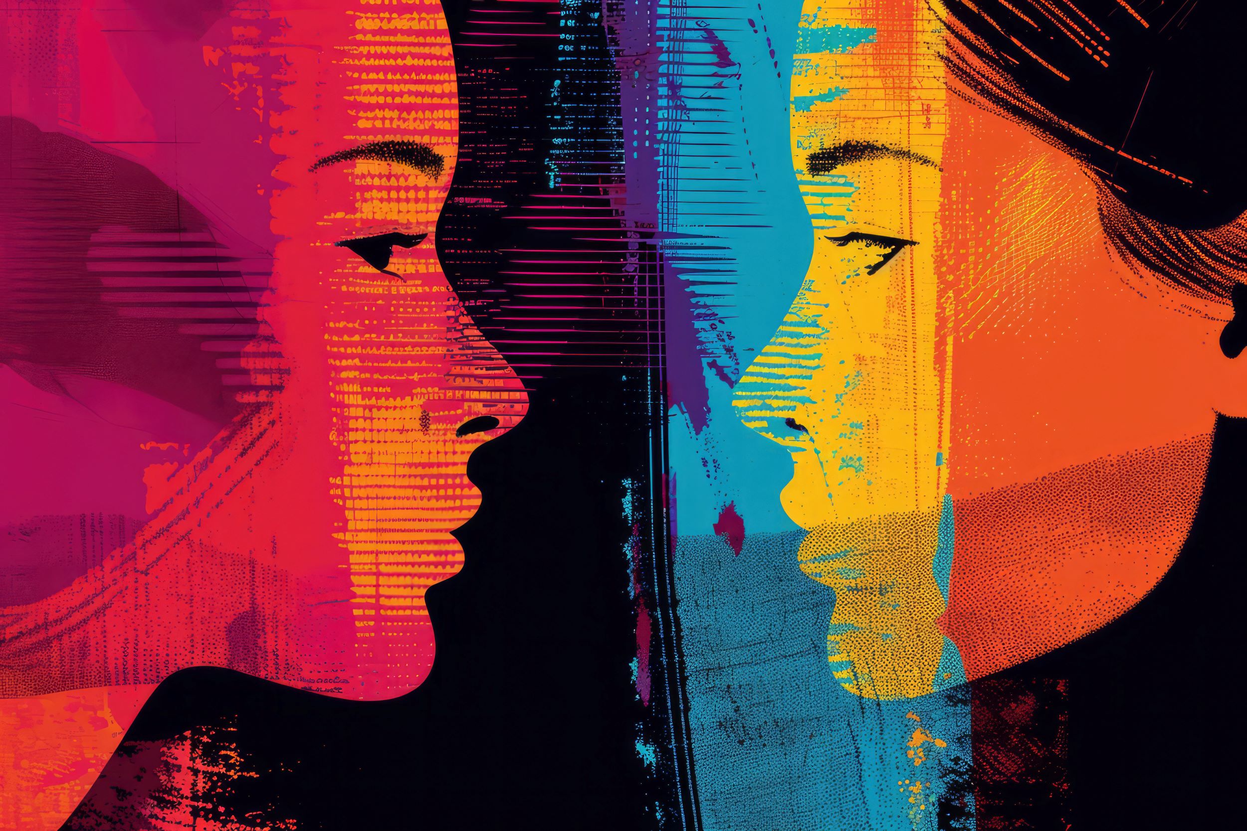 Two vibrantly coloured women looking at one another. 