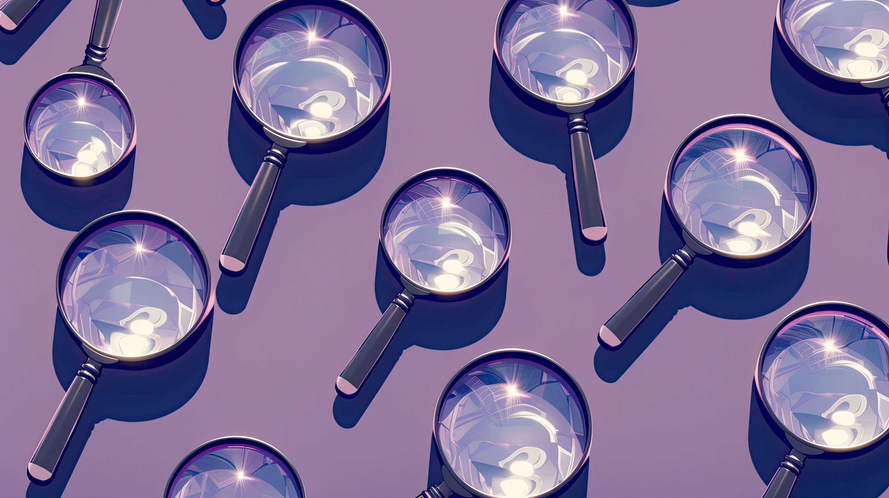 The image features an array of magnifying glasses laid out on a purple background. Each magnifying glass reflects light and shows a portion of an abstract design, creating a pattern that emphasizes the concept of examination, analysis, and detailed scrutiny. The repeated elements suggest a theme of thorough investigation or research.