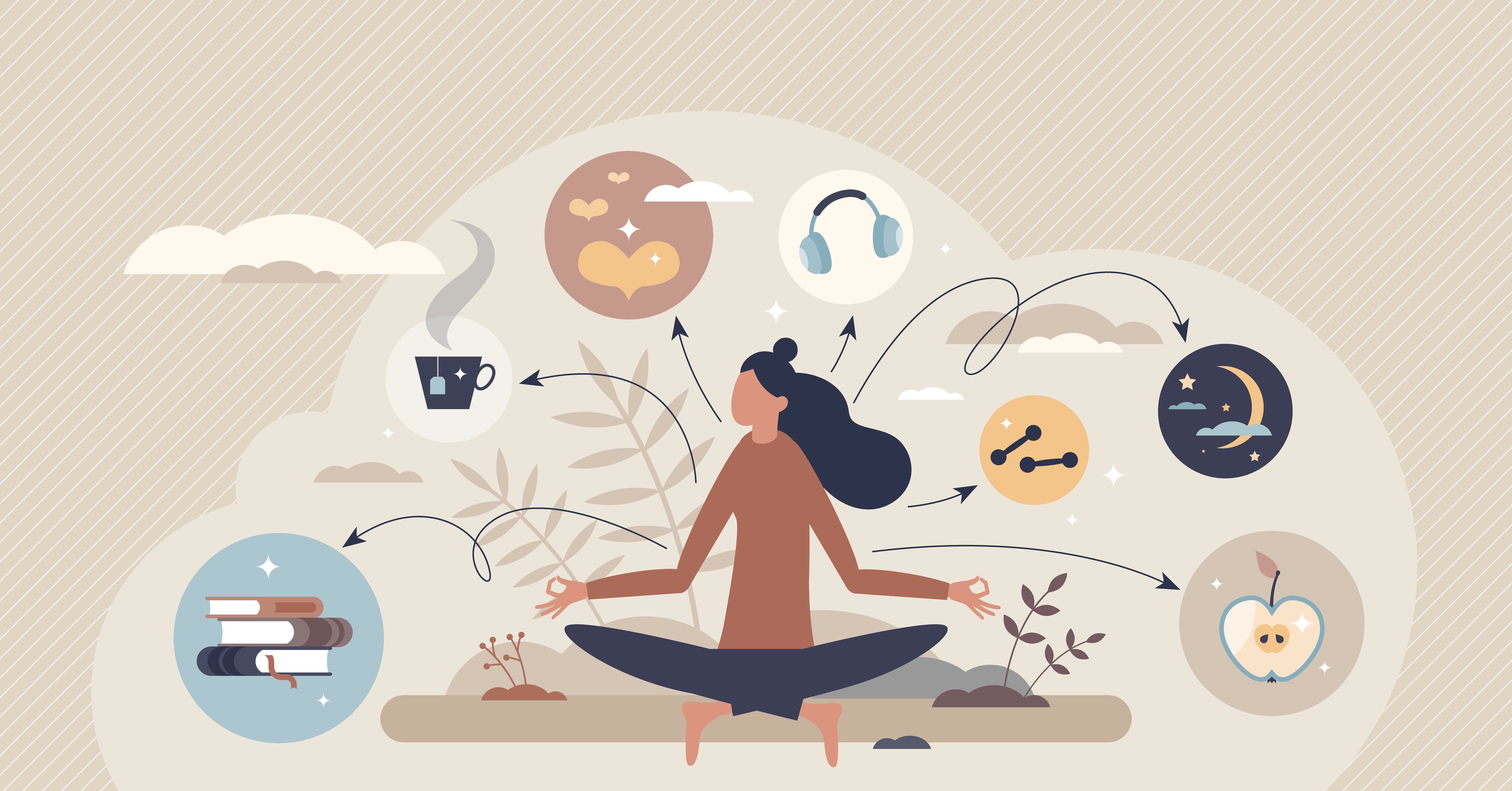 Illustration of a person meditating while arrows point to various wellness icons, including books, a cup, headphones, a moon with stars, an apple, a heart, and plants.